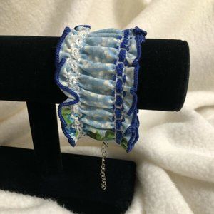 BOHO Stretch Blue Green Ruffle Lace Adj. Bracelet Handmade Hand Sewn New